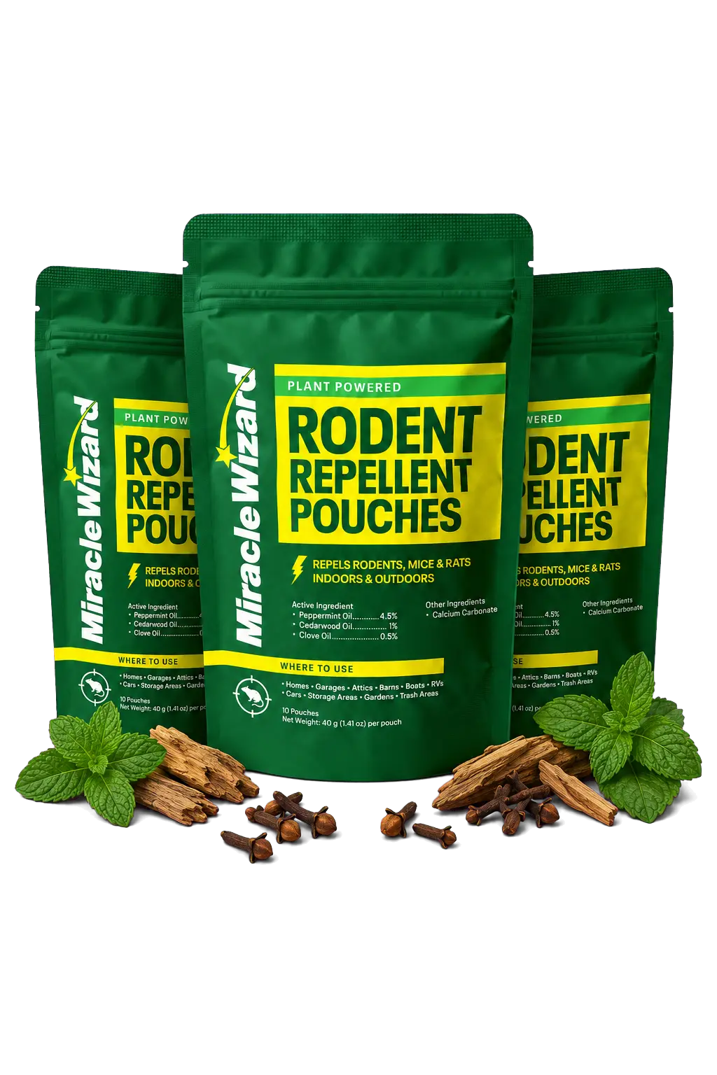 Three Miracle Wizard Rodent Repellent Pouch packages with peppermint, cedarwood, and cloves