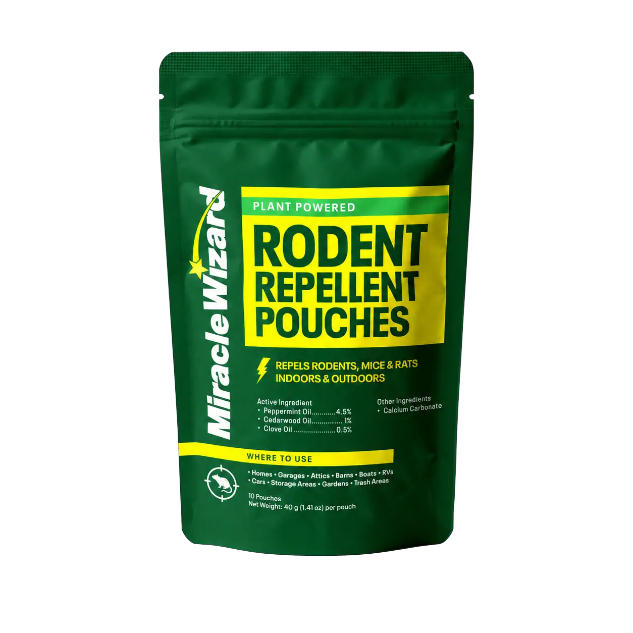 Miracle Wizard rodent repellent package surrounded by a scent field