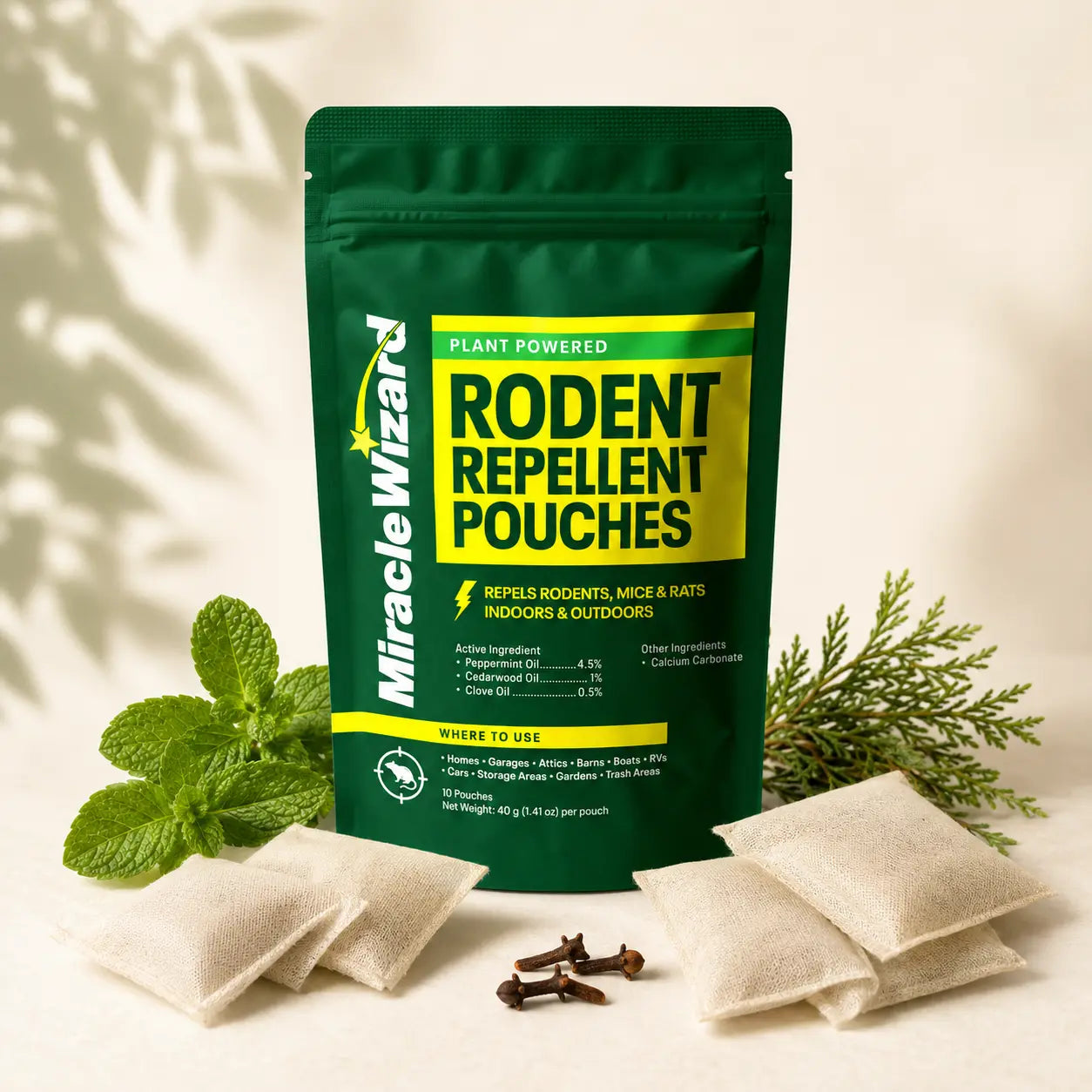Miracle Wizard Rodent Repellent Pouches retail pack with ready-to-place pouches and botanical ingredients