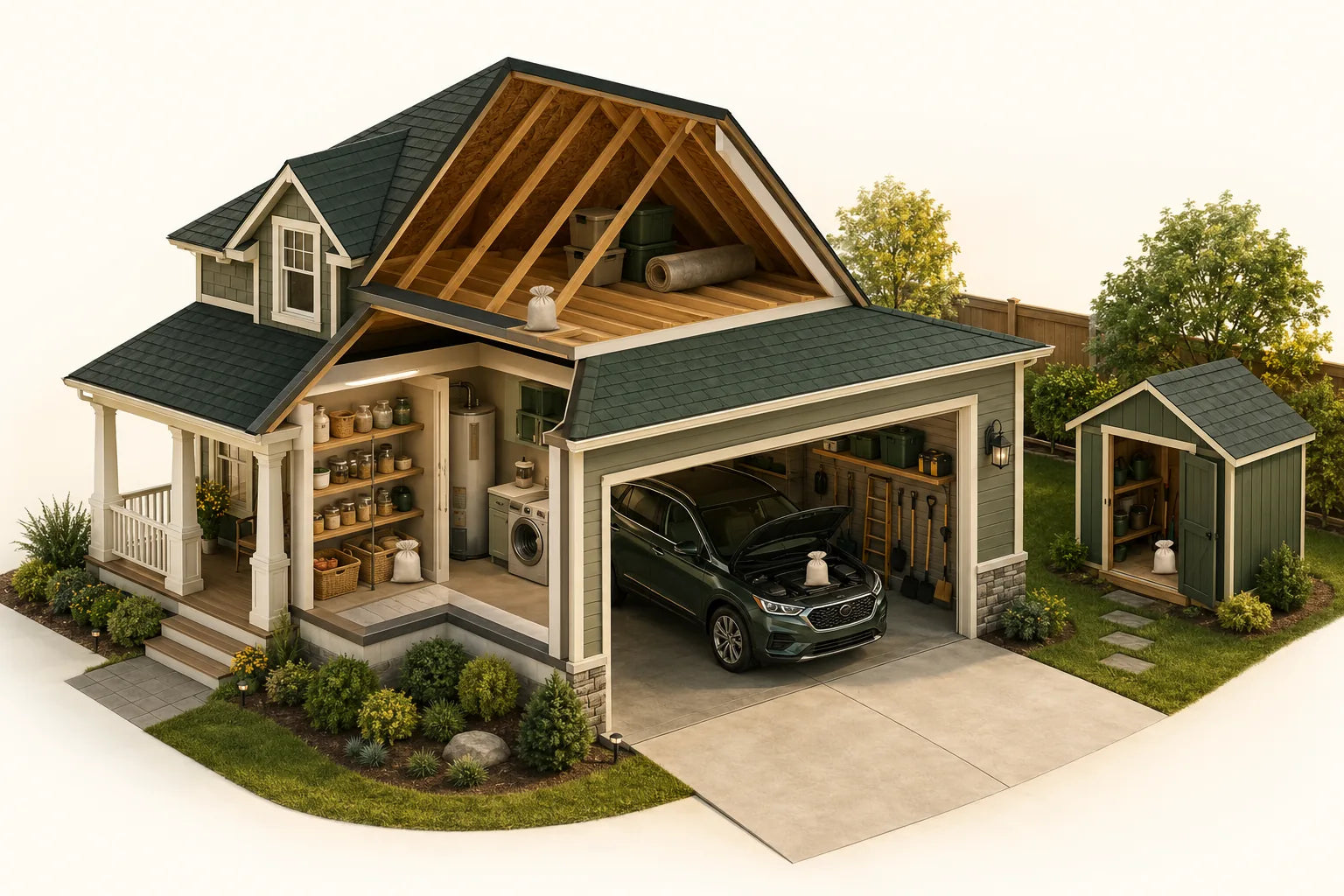 Cutaway home showing Miracle Wizard pouches placed in an attic, utility space, garage vehicle and storage shed